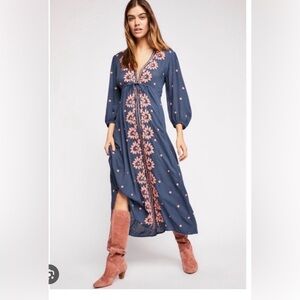 Free People Blue Dress with Pink Floral Design